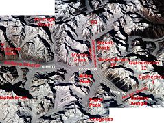 Nasa With Labels Baltoro Glacier K2 Broad Peak Gasherbrum I, II and IV Masherbrum ISS001-343-26 and 27 Baltoro Glacier from Paiju to Concordia with K2, Broad Peak, Gasherbrum I, Gasherbrum II and Gasherbrum IV, Masherbrum  - Nasa Image ISS001-343-26 and 343-27.